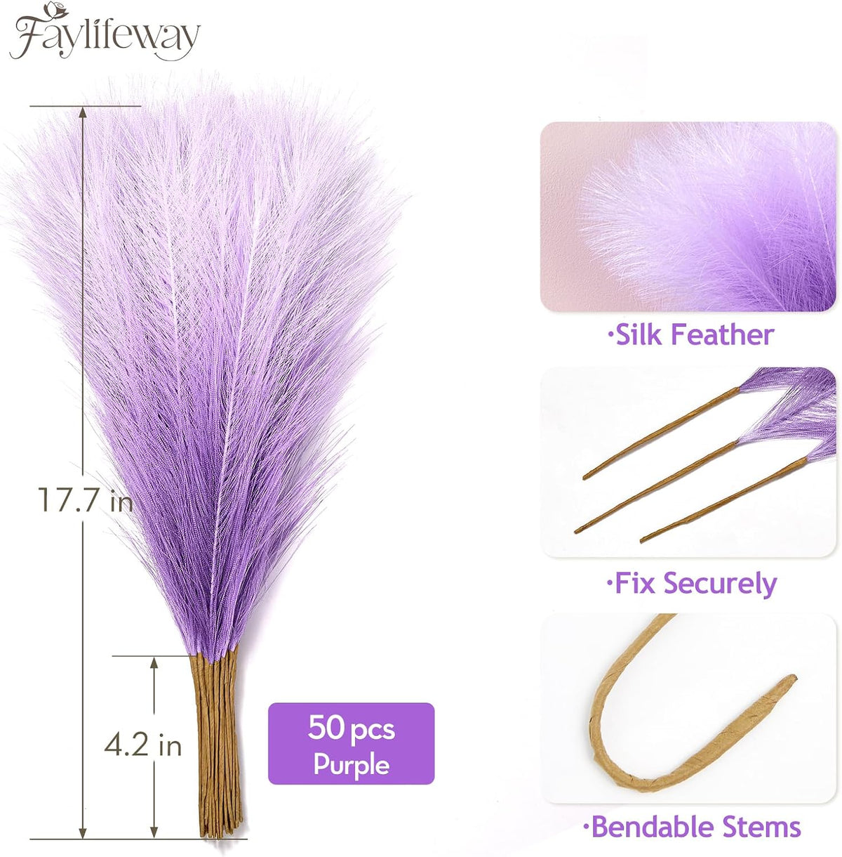 50PCS Brown&White Pampas Grass, 17in Fluffy Boho Feathers Decor