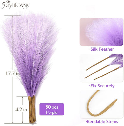 50PCS Brown&White Pampas Grass, 17in Fluffy Boho Feathers Decor