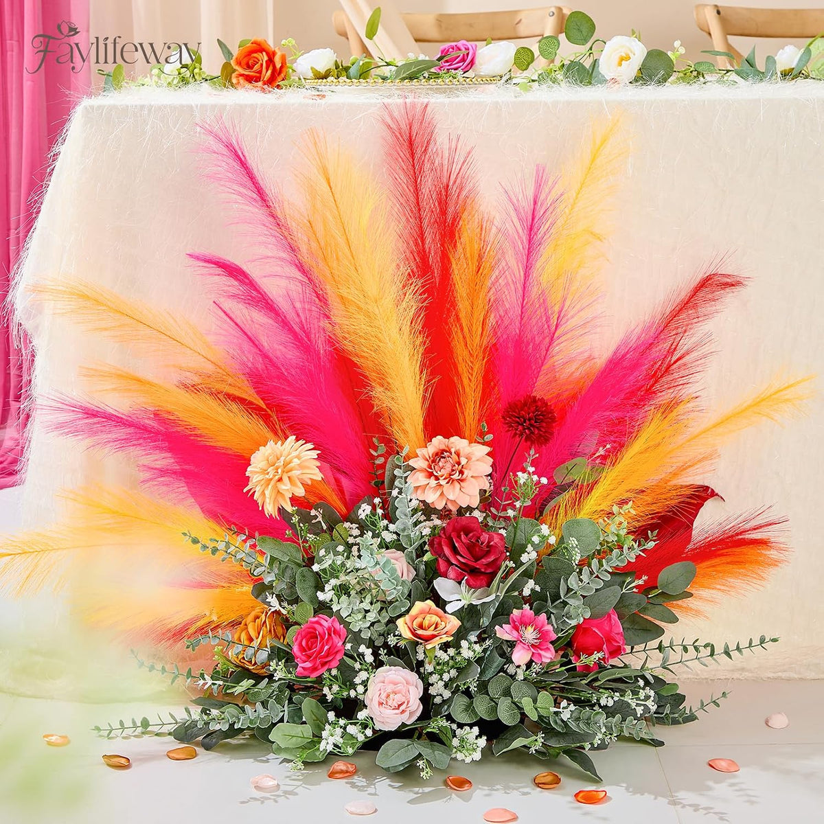 50PCS Brown&White Pampas Grass, 17in Fluffy Boho Feathers Decor