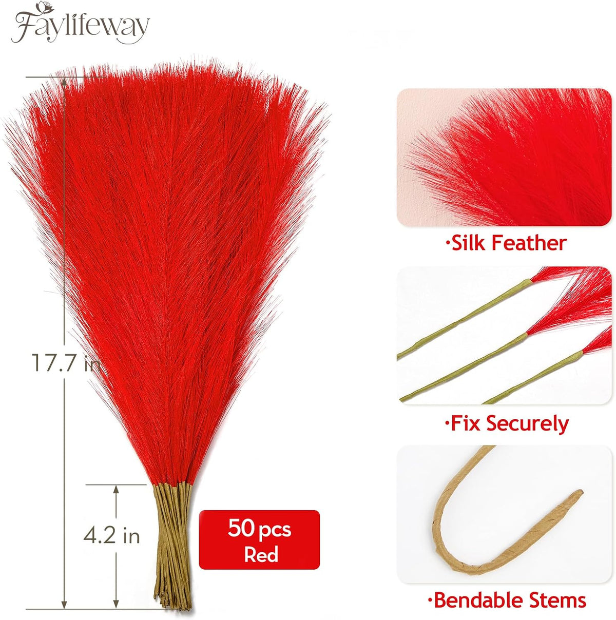 50PCS Brown&White Pampas Grass, 17in Fluffy Boho Feathers Decor