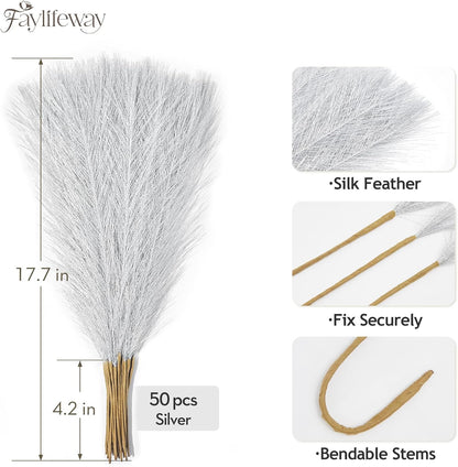 50PCS Brown&White Pampas Grass, 17in Fluffy Boho Feathers Decor