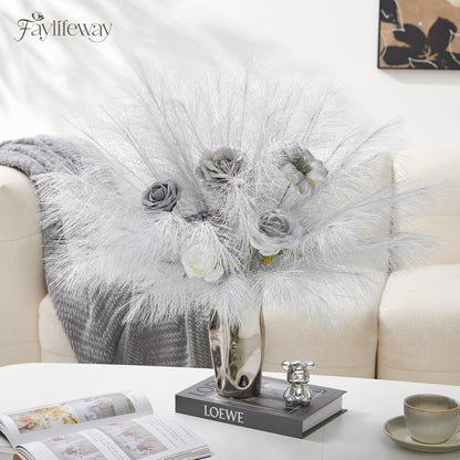 50PCS Brown&White Pampas Grass, 17in Fluffy Boho Feathers Decor