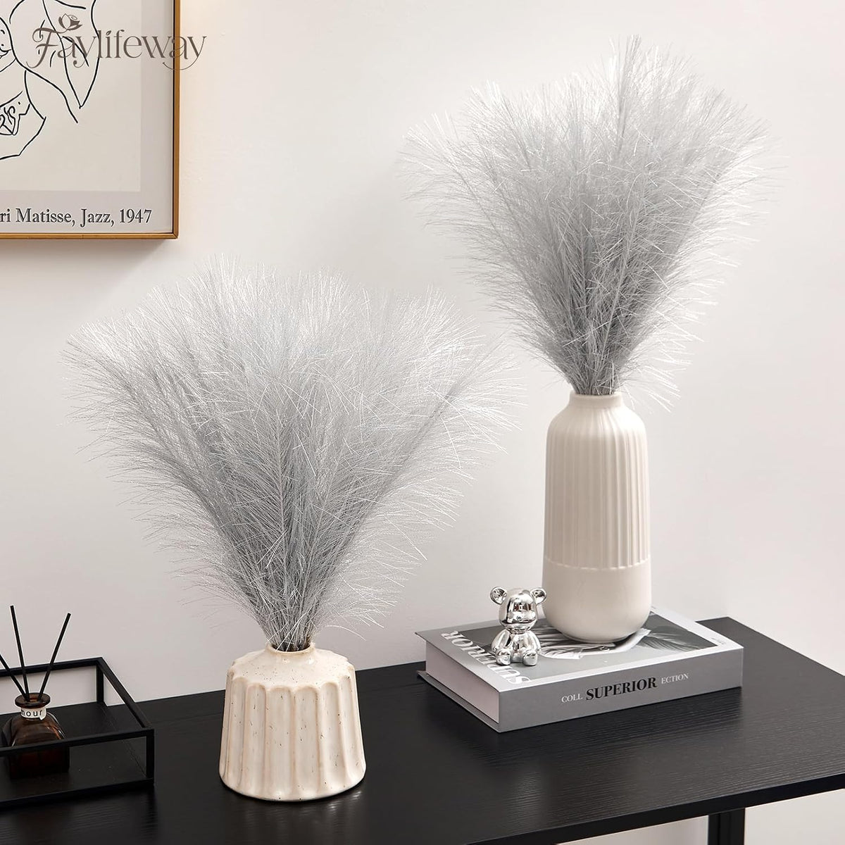 50PCS Brown&White Pampas Grass, 17in Fluffy Boho Feathers Decor