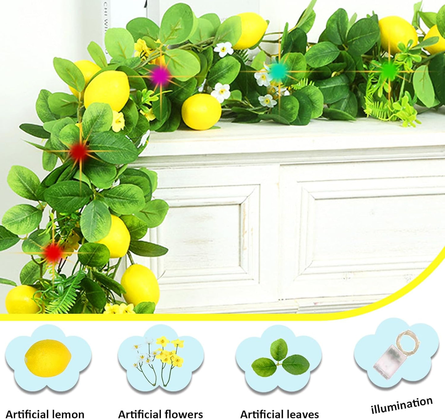 2Pcs Artificial Lemon Vines,Single Fake Lemon Vine is 78.7 Inches Long,Leaf 6.1 Inches,Faux Fruit Vine Garlands with Lemon for Room Door Wall Mantle Wedding Party Table Garden Decorations
