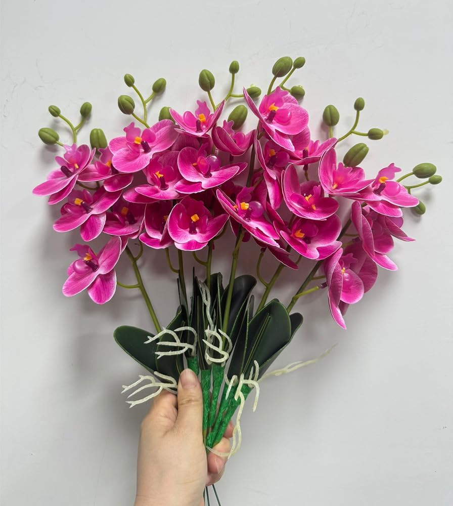 6 Branch Artificial Orchid Stems with Leaves,15” Real Touch Dancing Orchid Flower,Fake Plants Phalaenopsis for Wreaths Wedding Centerpiece Floral Arrangement Porch Summer Cemetery Decor (Rose Pink)
