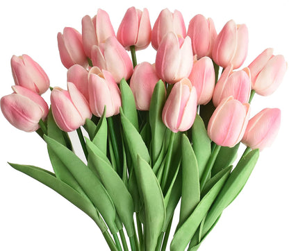20pcs Artificial Tulips Flowers Fake Faux PU Tulip Bouquet Real Touch Flower Arrangement for Home Room Office Party Wedding Decoration Excellent Gift Idea for Mothers Day (Pink)
