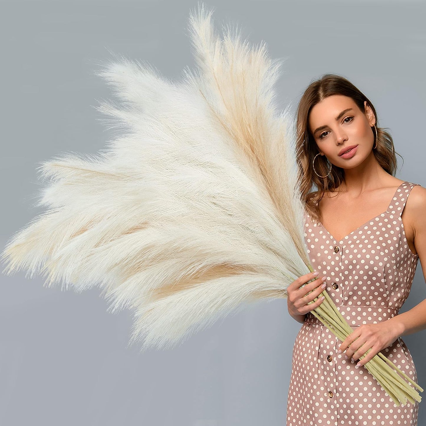 8 Pcs 38''/97cm Tall Faux Large Pampas Grass Decor, Mixed Beige | Artificial pompous pompas, fluffy fake plants, floor vase filler, or wedding kitchen home boho decorations