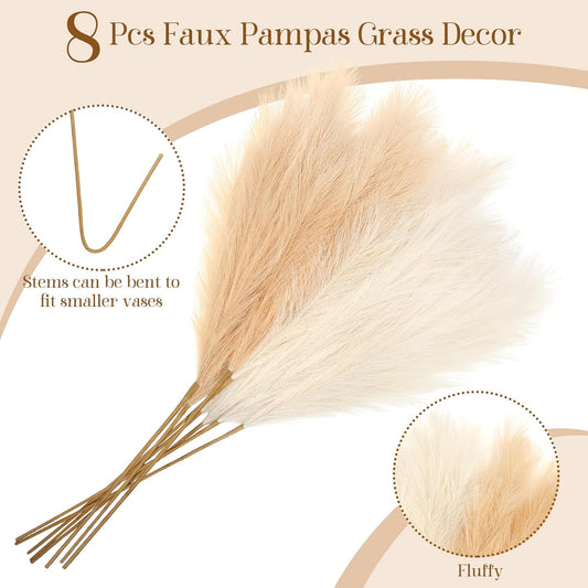 8 Pcs 38''/97cm Tall Faux Large Pampas Grass Decor, Mixed Beige | Artificial pompous pompas, fluffy fake plants, floor vase filler, or wedding kitchen home boho decorations