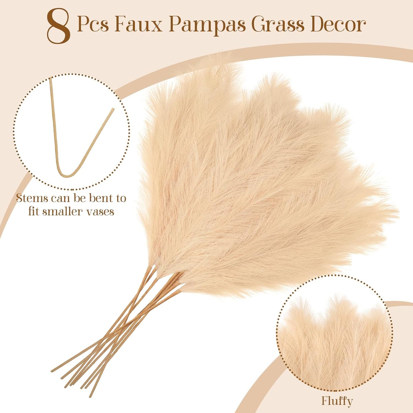 8 Pcs 38''/97cm Tall Faux Large Pampas Grass Decor, Mixed Beige | Artificial pompous pompas, fluffy fake plants, floor vase filler, or wedding kitchen home boho decorations
