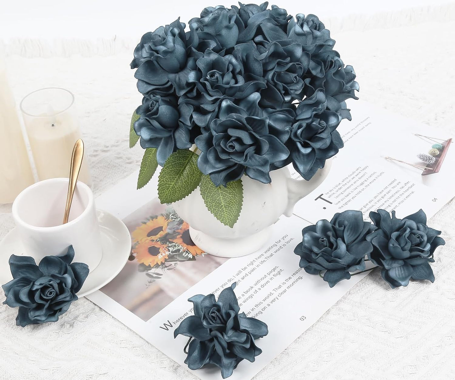25PCS Gardenia Flowers Artificial 3.15’’ Foam Fake Rose Heads White Faux Gardenia Flowers with Stems for Wedding Bouquet Bridal Shower Party Home Floral Arrangements(White)