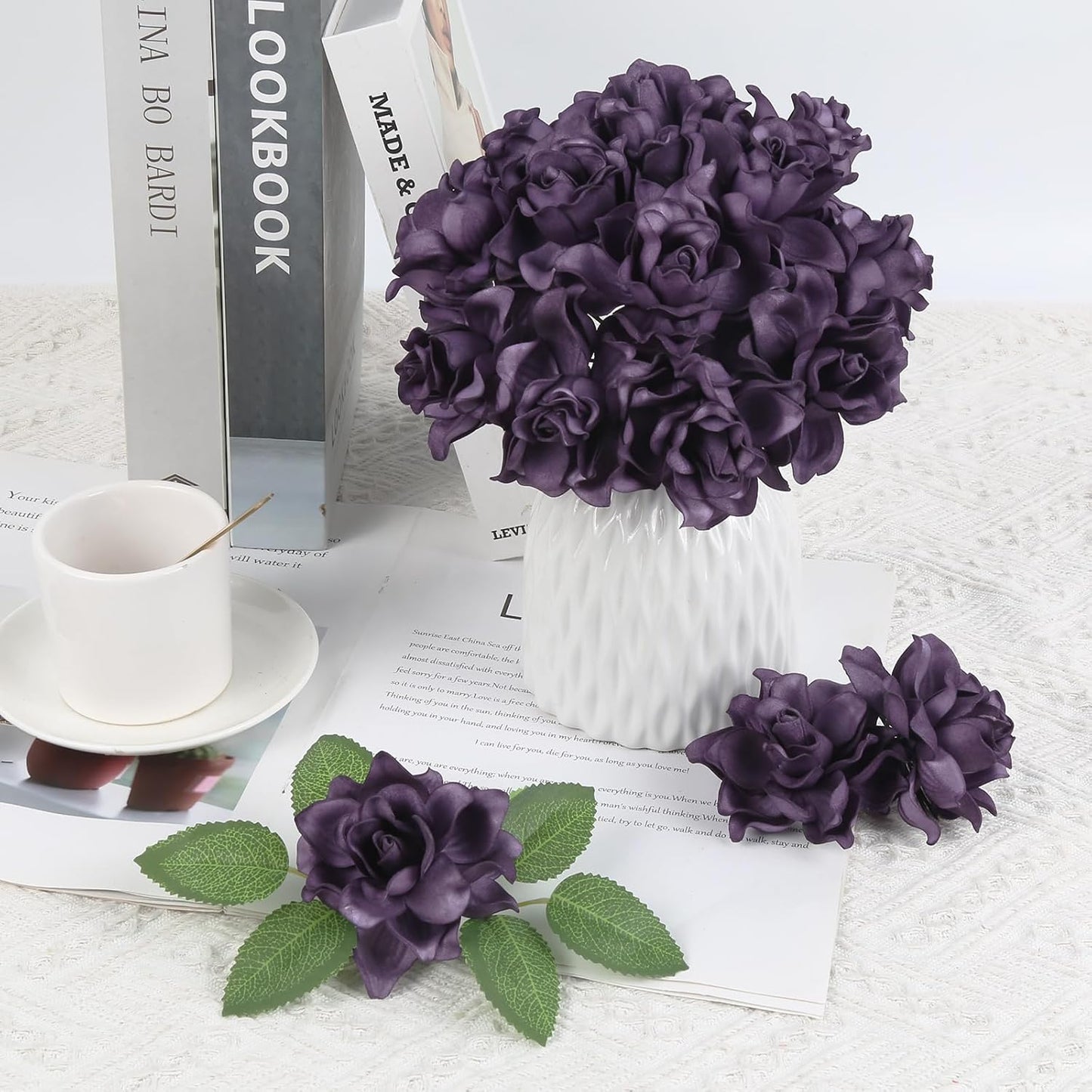 25PCS Gardenia Flowers Artificial 3.15’’ Foam Fake Rose Heads White Faux Gardenia Flowers with Stems for Wedding Bouquet Bridal Shower Party Home Floral Arrangements(White)