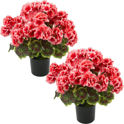 2 Pcs Geranium Potted Artificial Flowers, 19" Fake Geraniums Plants UV Resistant Silk Potted Plants for Outdoor Home Décor Office Porch Garden Decor (2, Red)