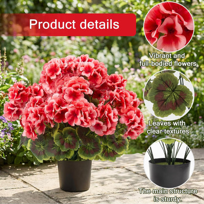 2 Pcs Geranium Potted Artificial Flowers, 19" Fake Geraniums Plants UV Resistant Silk Potted Plants for Outdoor Home Décor Office Porch Garden Decor (2, Red)
