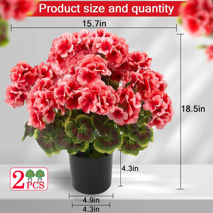2 Pcs Geranium Potted Artificial Flowers, 19" Fake Geraniums Plants UV Resistant Silk Potted Plants for Outdoor Home Décor Office Porch Garden Decor (2, Red)