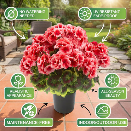 2 Pcs Geranium Potted Artificial Flowers, 19" Fake Geraniums Plants UV Resistant Silk Potted Plants for Outdoor Home Décor Office Porch Garden Decor (2, Red)