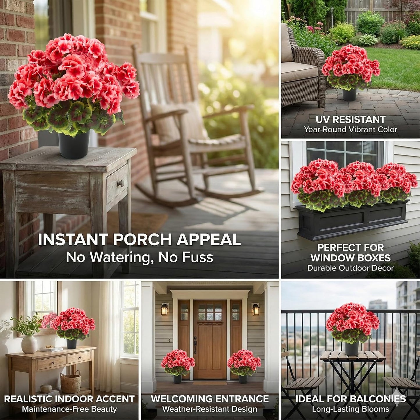 2 Pcs Geranium Potted Artificial Flowers, 19" Fake Geraniums Plants UV Resistant Silk Potted Plants for Outdoor Home Décor Office Porch Garden Decor (2, Red)
