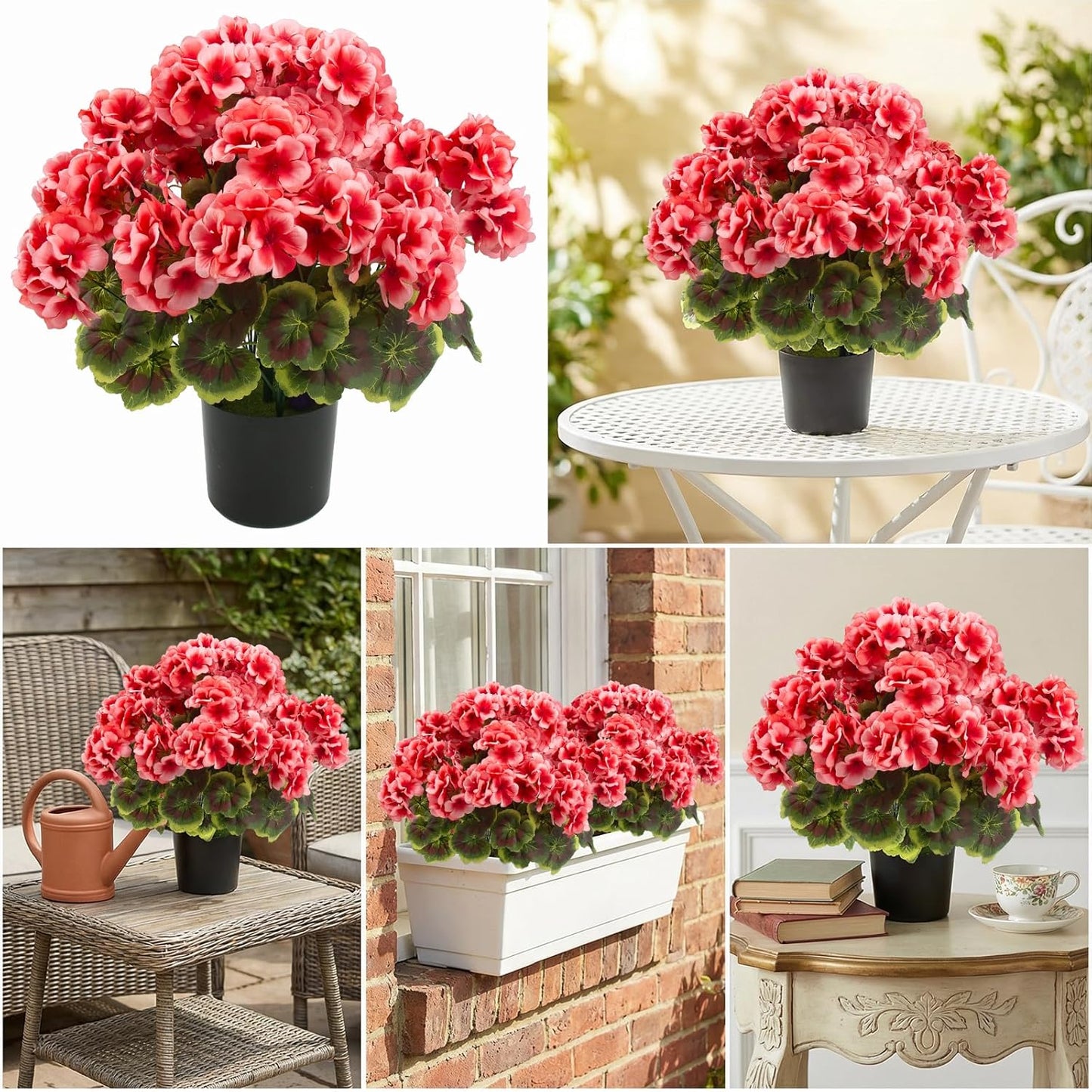 2 Pcs Geranium Potted Artificial Flowers, 19" Fake Geraniums Plants UV Resistant Silk Potted Plants for Outdoor Home Décor Office Porch Garden Decor (2, Red)