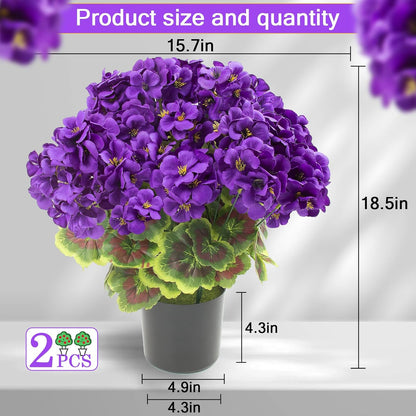 2 Pcs Geranium Potted Artificial Flowers, 19" Fake Geraniums Plants UV Resistant Silk Potted Plants for Outdoor Home Décor Office Porch Garden Decor (2, Red)