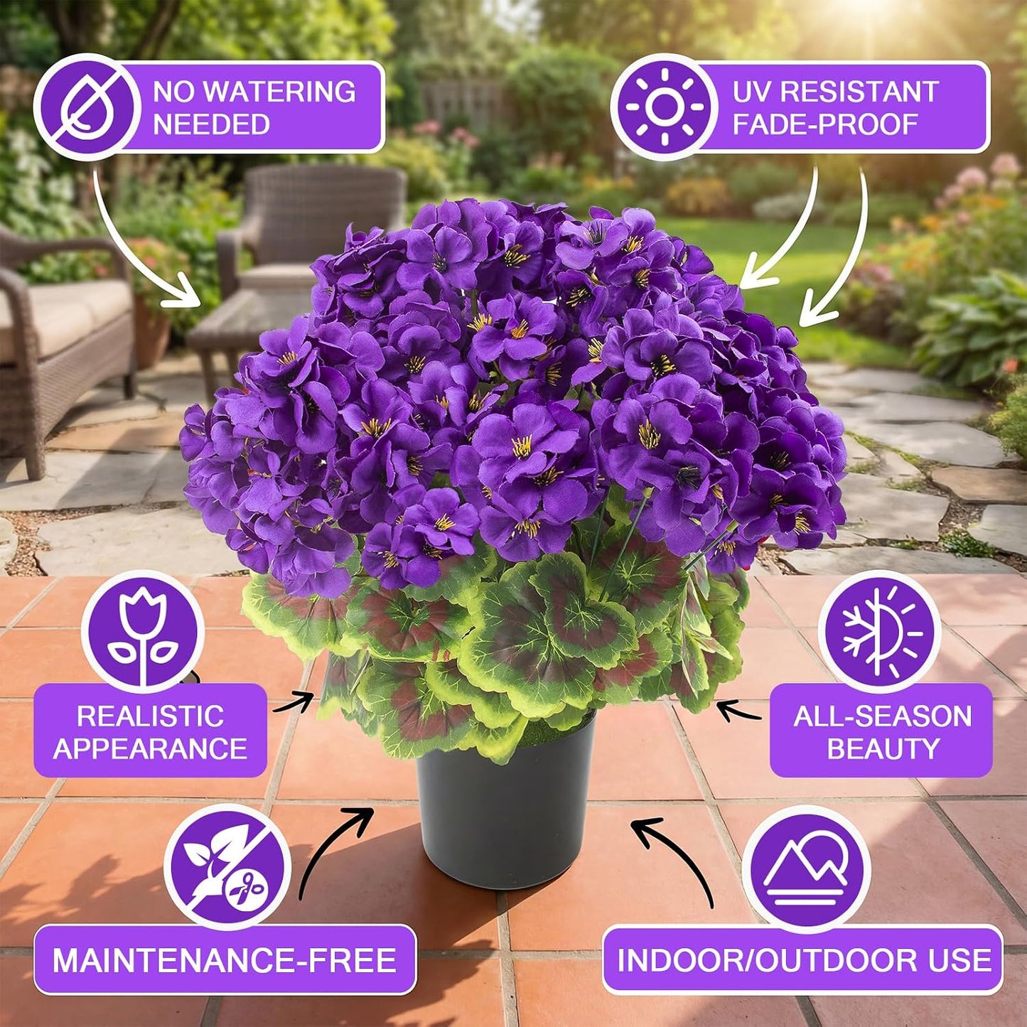 2 Pcs Geranium Potted Artificial Flowers, 19" Fake Geraniums Plants UV Resistant Silk Potted Plants for Outdoor Home Décor Office Porch Garden Decor (2, Red)