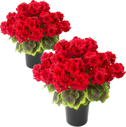 2 Pcs Geranium Potted Artificial Flowers, 19" Fake Geraniums Plants UV Resistant Silk Potted Plants for Outdoor Home Décor Office Porch Garden Decor (2, Red)
