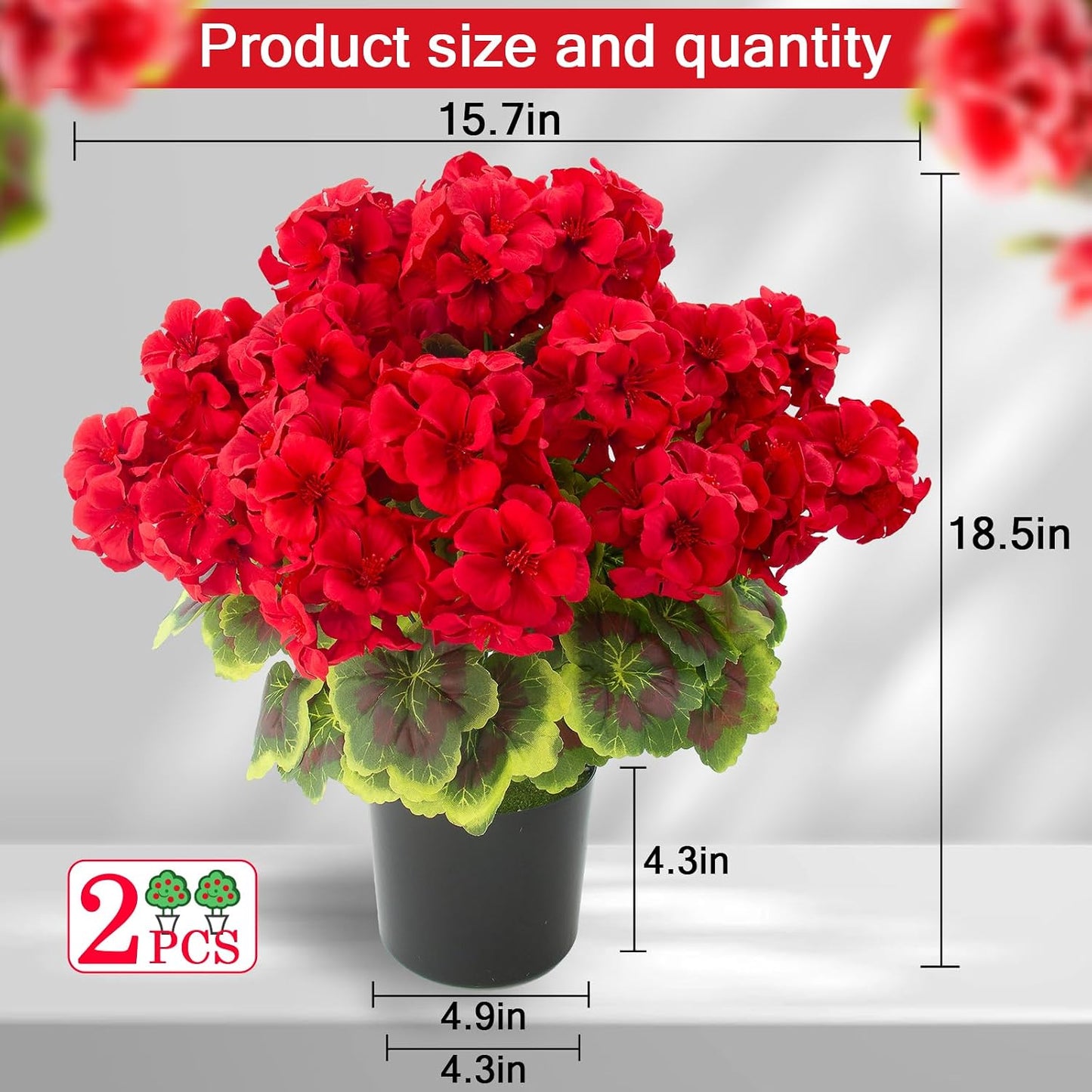 2 Pcs Geranium Potted Artificial Flowers, 19" Fake Geraniums Plants UV Resistant Silk Potted Plants for Outdoor Home Décor Office Porch Garden Decor (2, Red)