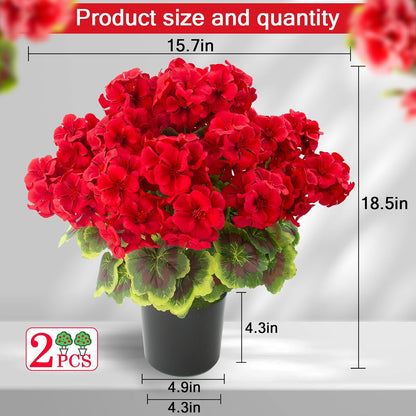 2 Pcs Geranium Potted Artificial Flowers, 19" Fake Geraniums Plants UV Resistant Silk Potted Plants for Outdoor Home Décor Office Porch Garden Decor (2, Red)