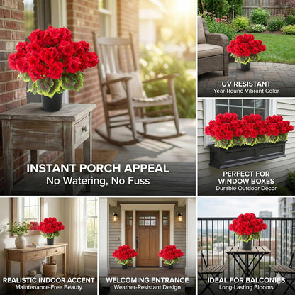 2 Pcs Geranium Potted Artificial Flowers, 19" Fake Geraniums Plants UV Resistant Silk Potted Plants for Outdoor Home Décor Office Porch Garden Decor (2, Red)