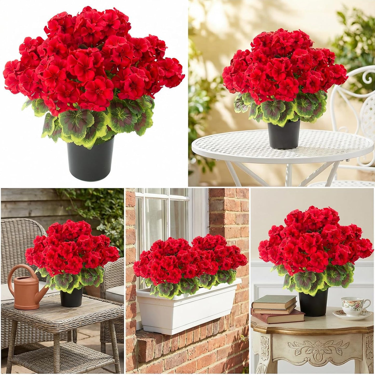2 Pcs Geranium Potted Artificial Flowers, 19" Fake Geraniums Plants UV Resistant Silk Potted Plants for Outdoor Home Décor Office Porch Garden Decor (2, Red)