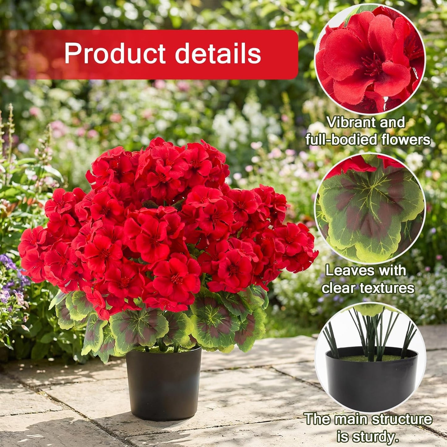 2 Pcs Geranium Potted Artificial Flowers, 19" Fake Geraniums Plants UV Resistant Silk Potted Plants for Outdoor Home Décor Office Porch Garden Decor (2, Red)