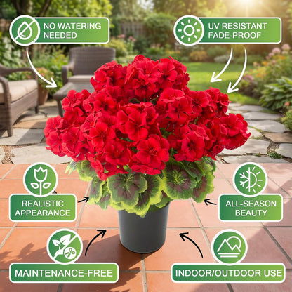 2 Pcs Geranium Potted Artificial Flowers, 19" Fake Geraniums Plants UV Resistant Silk Potted Plants for Outdoor Home Décor Office Porch Garden Decor (2, Red)
