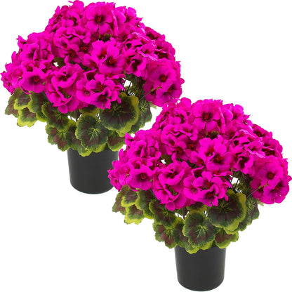 2 Pcs Geranium Potted Artificial Flowers, 19" Fake Geraniums Plants UV Resistant Silk Potted Plants for Outdoor Home Décor Office Porch Garden Decor (2, Red)