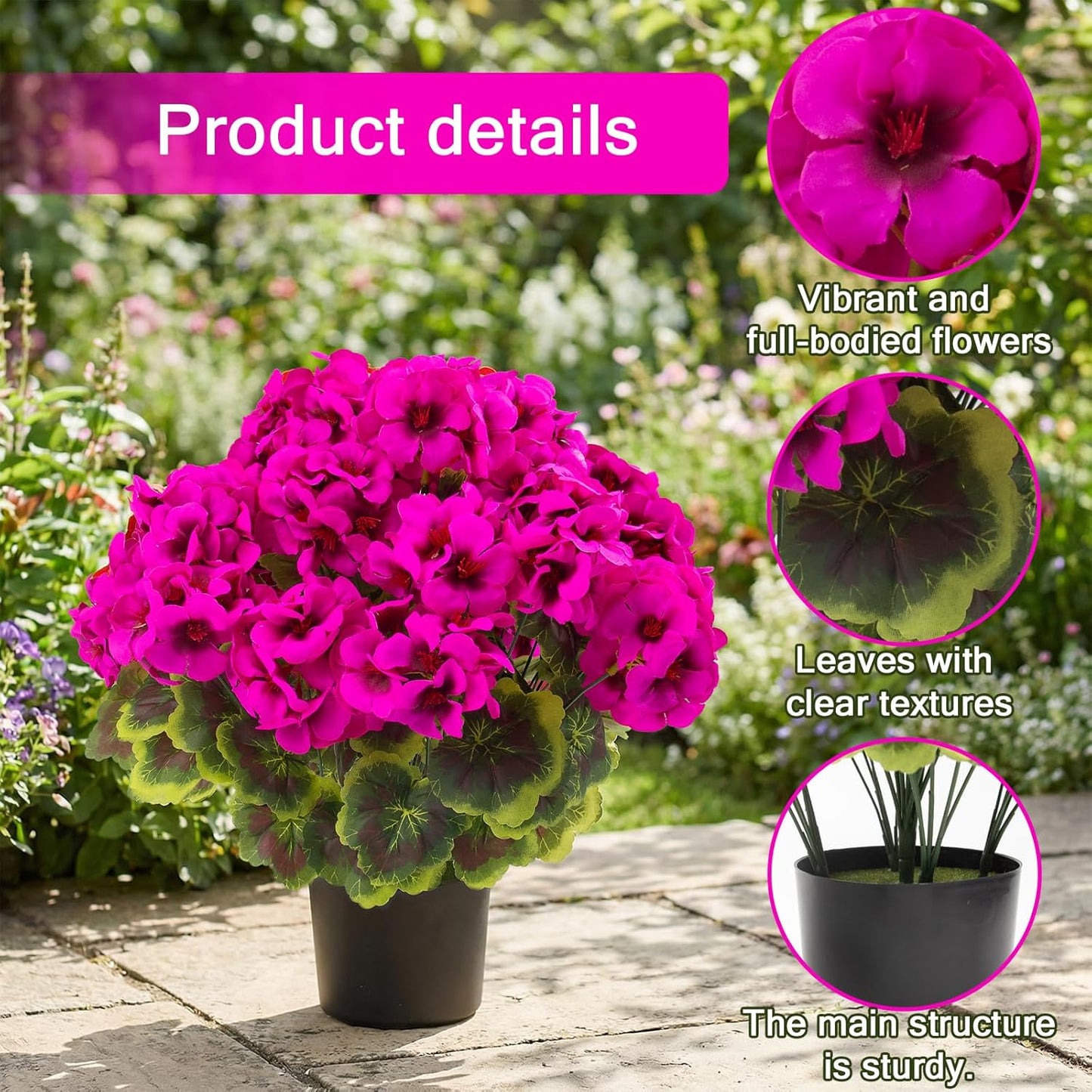 2 Pcs Geranium Potted Artificial Flowers, 19" Fake Geraniums Plants UV Resistant Silk Potted Plants for Outdoor Home Décor Office Porch Garden Decor (2, Red)