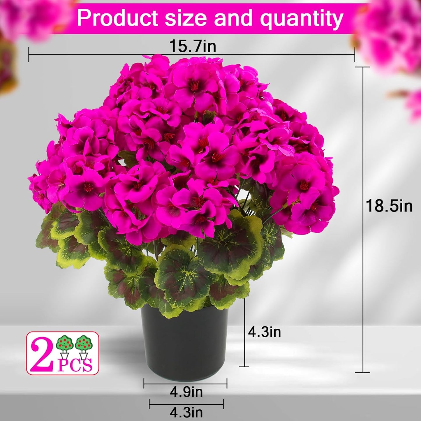 2 Pcs Geranium Potted Artificial Flowers, 19" Fake Geraniums Plants UV Resistant Silk Potted Plants for Outdoor Home Décor Office Porch Garden Decor (2, Red)