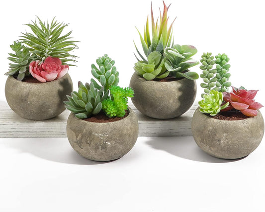 Succulents Plants Artificial 4 Pack, Mini Fake Succulents in Pots, Assorted Small Faux Succulent Decorative for Living Room Home Office Decor