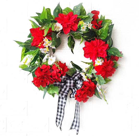 Red Geranium Wreath Spring and Summer Wreath Silk Decorative Front Door Wreath Handcrafted Spring Wreath Garland Farmhouse Wreath Artificial Flower Door Wreath Decor for Front Door Home Decoration