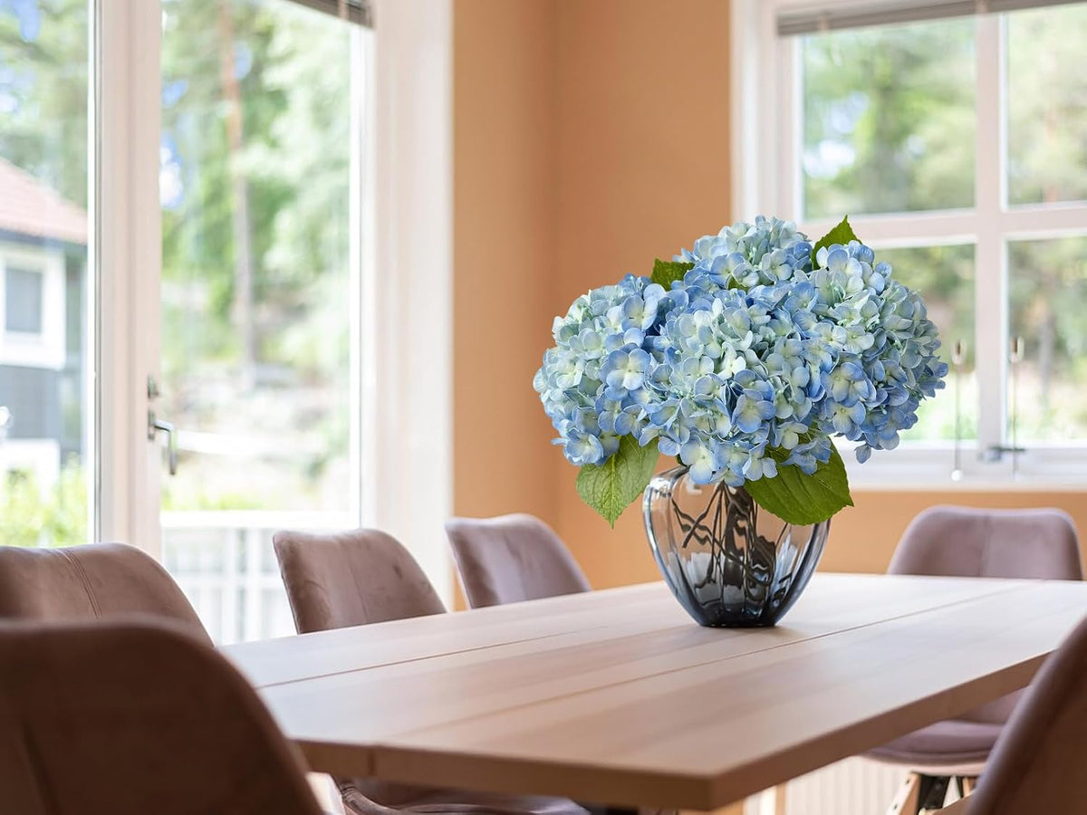 20" 4PCS Artificial Light Blue Hydrangea Flowers Large Faux Latex Real Touch Fake Hydrangeas Silk Bouquet with Leaves Stems for Family Table Office Wedding Party Arrangements