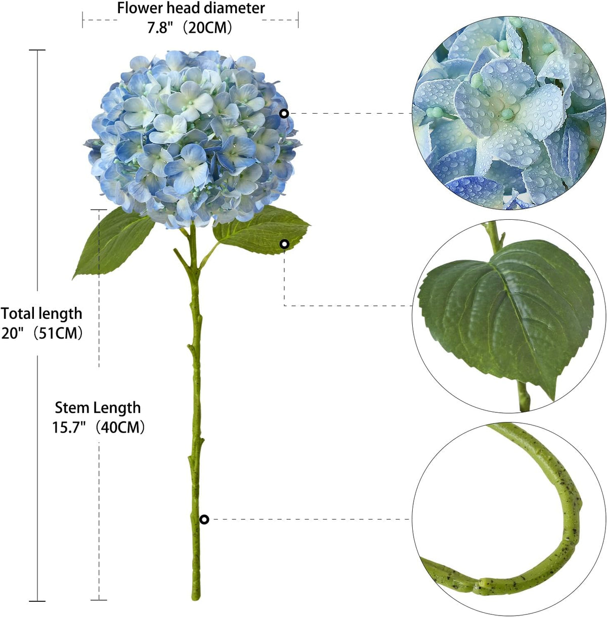 20" 4PCS Artificial Light Blue Hydrangea Flowers Large Faux Latex Real Touch Fake Hydrangeas Silk Bouquet with Leaves Stems for Family Table Office Wedding Party Arrangements