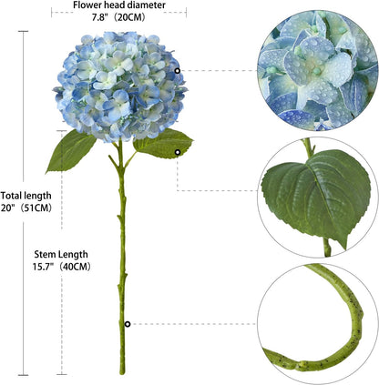 20" 4PCS Artificial Light Blue Hydrangea Flowers Large Faux Latex Real Touch Fake Hydrangeas Silk Bouquet with Leaves Stems for Family Table Office Wedding Party Arrangements