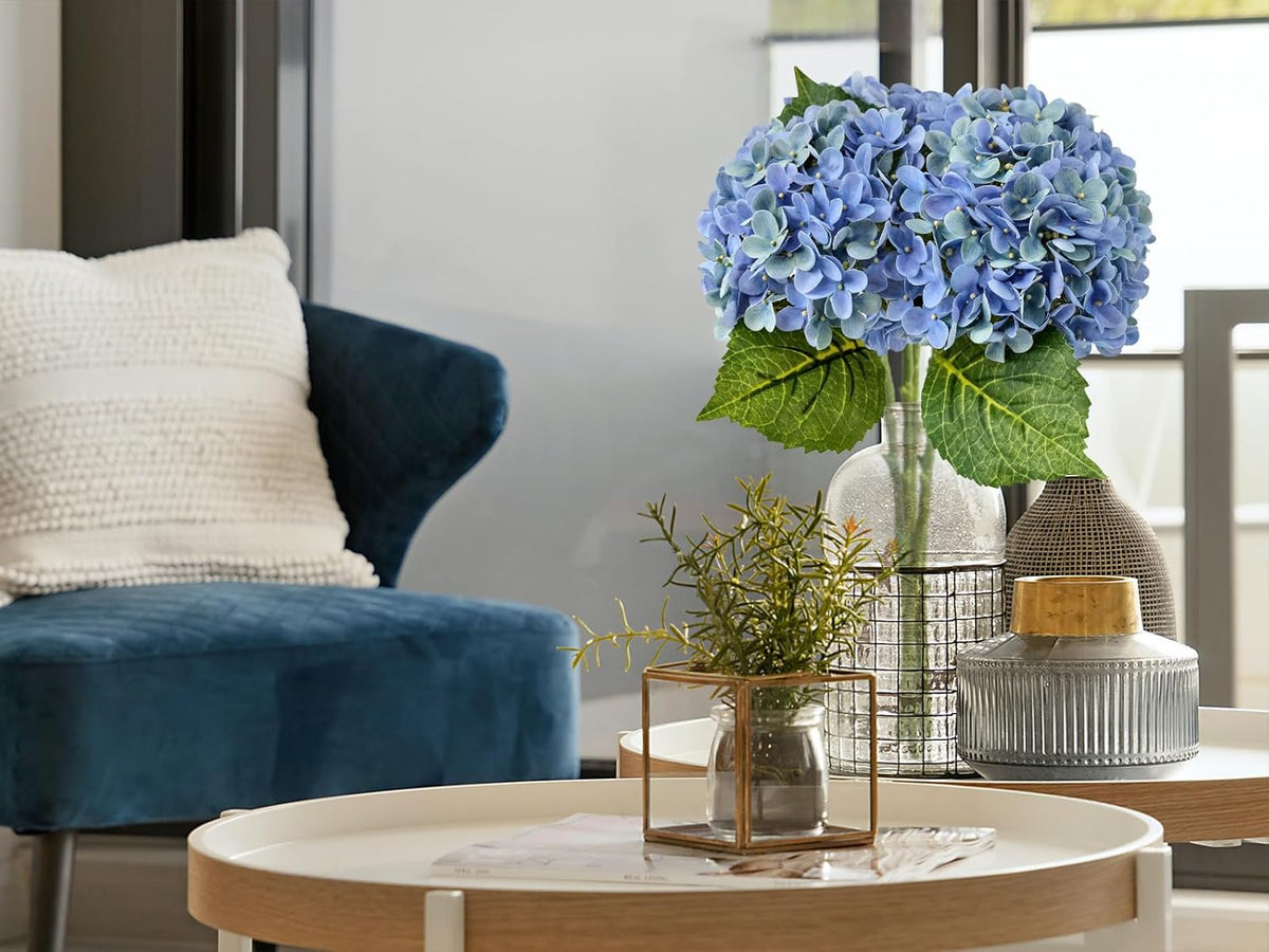 20" 4PCS Artificial Light Blue Hydrangea Flowers Large Faux Latex Real Touch Fake Hydrangeas Silk Bouquet with Leaves Stems for Family Table Office Wedding Party Arrangements