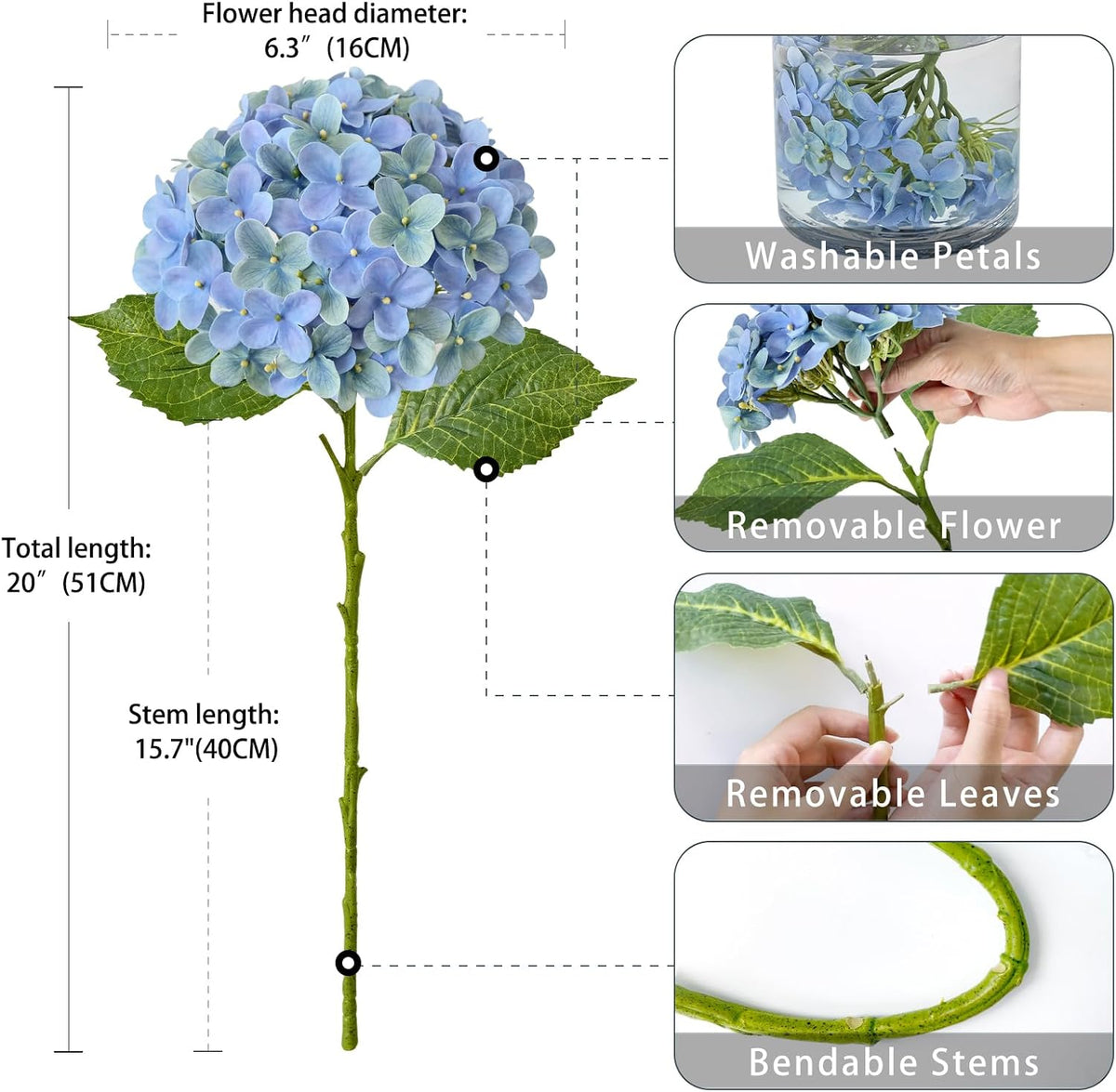 20" 4PCS Artificial Light Blue Hydrangea Flowers Large Faux Latex Real Touch Fake Hydrangeas Silk Bouquet with Leaves Stems for Family Table Office Wedding Party Arrangements