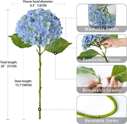 20" 4PCS Artificial Light Blue Hydrangea Flowers Large Faux Latex Real Touch Fake Hydrangeas Silk Bouquet with Leaves Stems for Family Table Office Wedding Party Arrangements