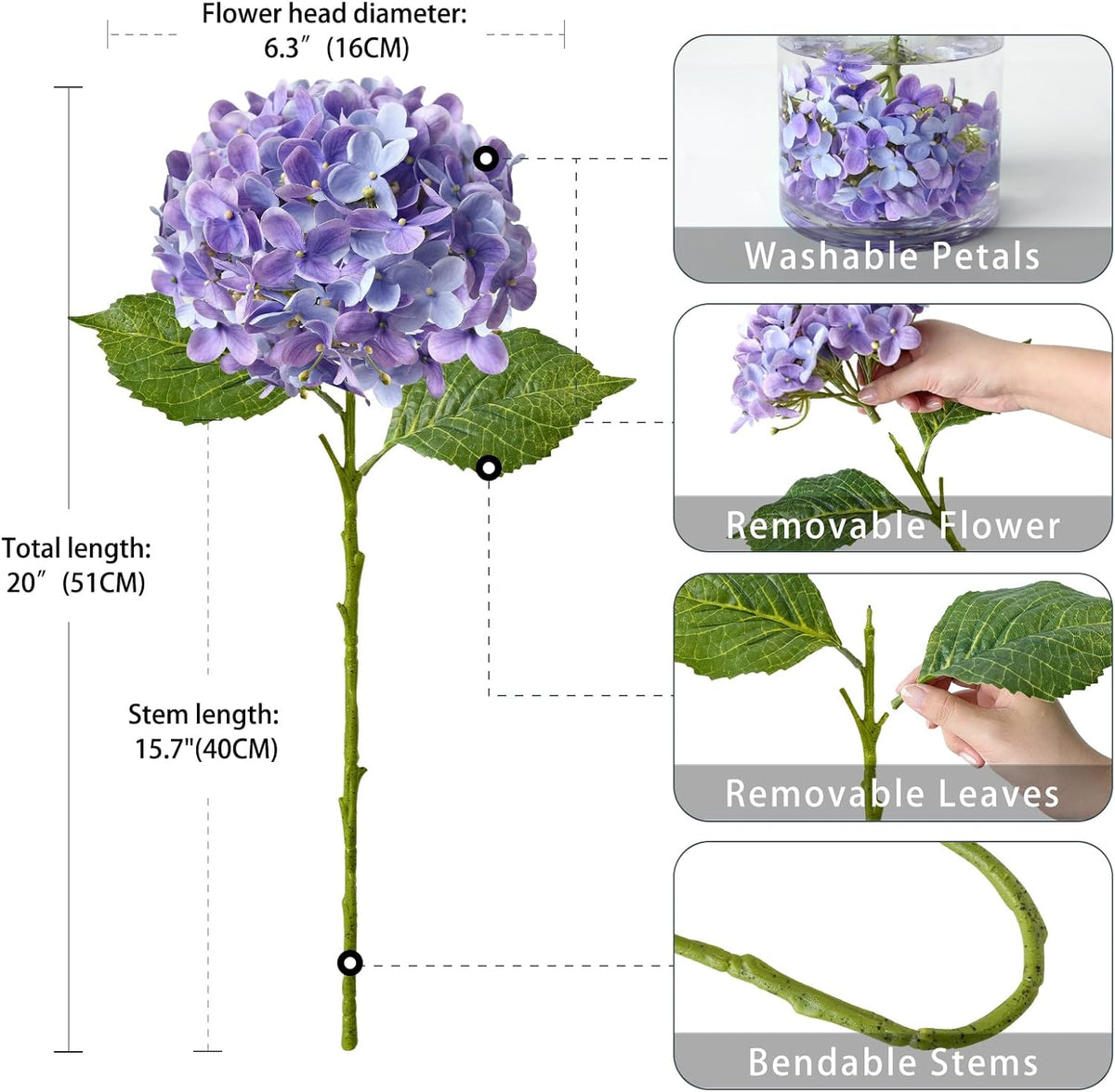 20" 4PCS Artificial Light Blue Hydrangea Flowers Large Faux Latex Real Touch Fake Hydrangeas Silk Bouquet with Leaves Stems for Family Table Office Wedding Party Arrangements