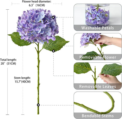 20" 4PCS Artificial Light Blue Hydrangea Flowers Large Faux Latex Real Touch Fake Hydrangeas Silk Bouquet with Leaves Stems for Family Table Office Wedding Party Arrangements