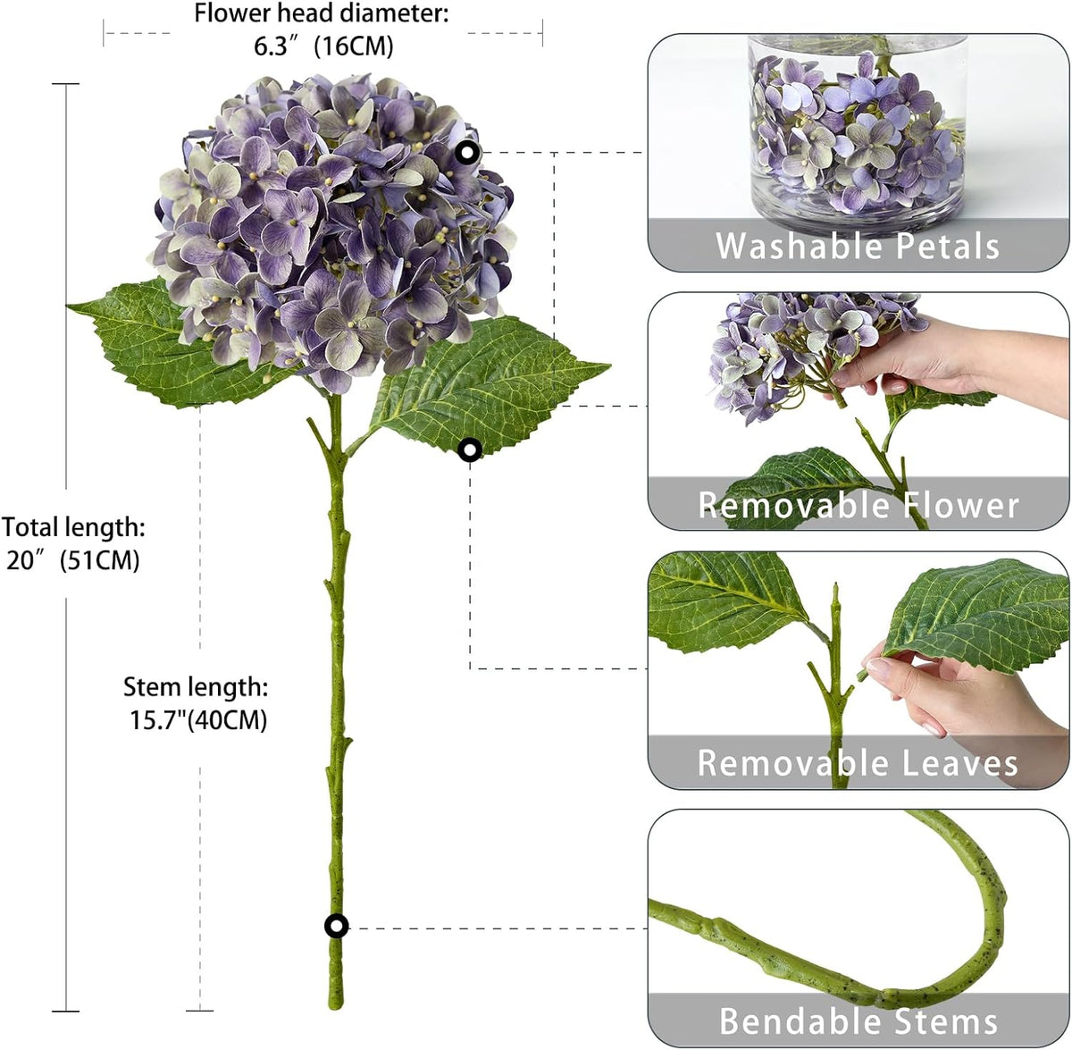 20" 4PCS Artificial Light Blue Hydrangea Flowers Large Faux Latex Real Touch Fake Hydrangeas Silk Bouquet with Leaves Stems for Family Table Office Wedding Party Arrangements
