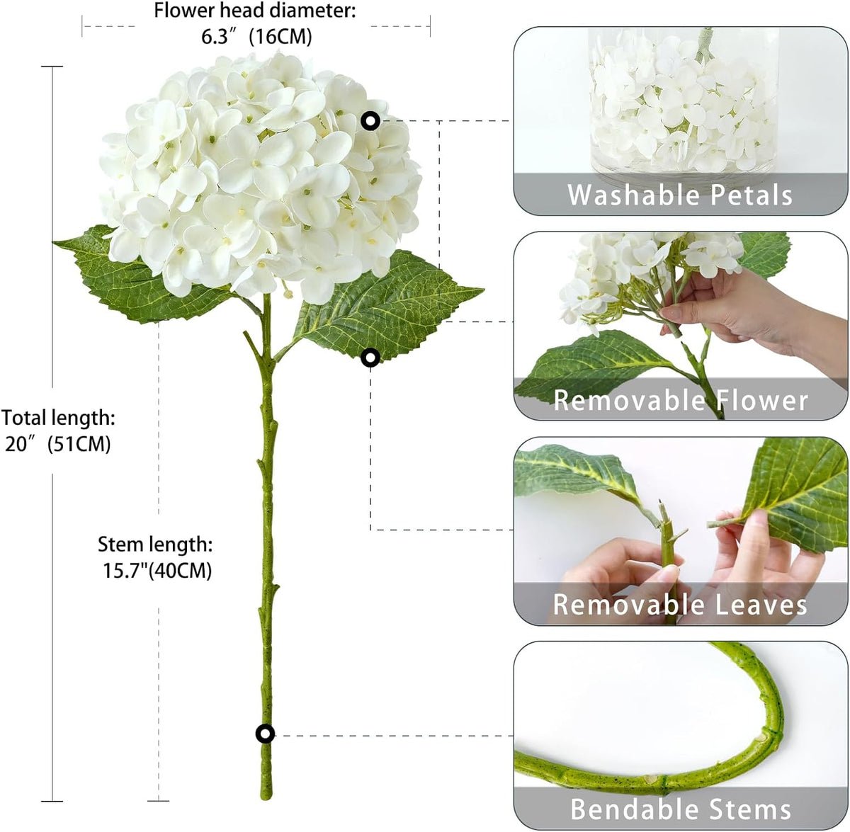 20" 4PCS Artificial Light Blue Hydrangea Flowers Large Faux Latex Real Touch Fake Hydrangeas Silk Bouquet with Leaves Stems for Family Table Office Wedding Party Arrangements