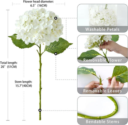 20" 4PCS Artificial Light Blue Hydrangea Flowers Large Faux Latex Real Touch Fake Hydrangeas Silk Bouquet with Leaves Stems for Family Table Office Wedding Party Arrangements