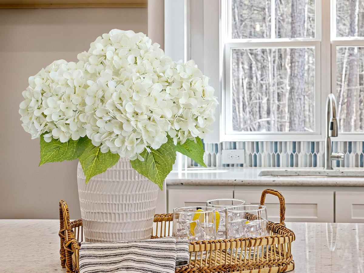 20" 4PCS Artificial Light Blue Hydrangea Flowers Large Faux Latex Real Touch Fake Hydrangeas Silk Bouquet with Leaves Stems for Family Table Office Wedding Party Arrangements