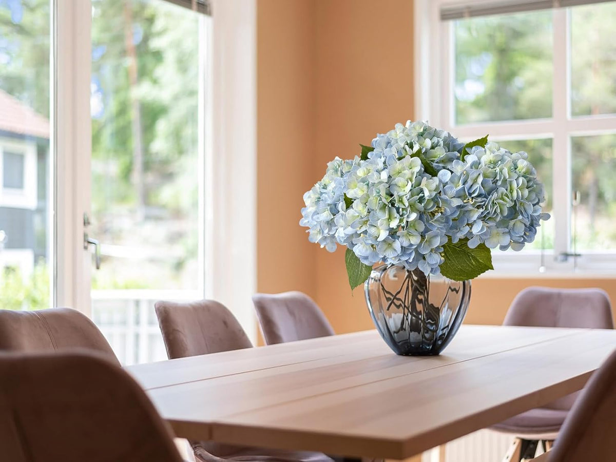 20" 4PCS Artificial Light Blue Hydrangea Flowers Large Faux Latex Real Touch Fake Hydrangeas Silk Bouquet with Leaves Stems for Family Table Office Wedding Party Arrangements