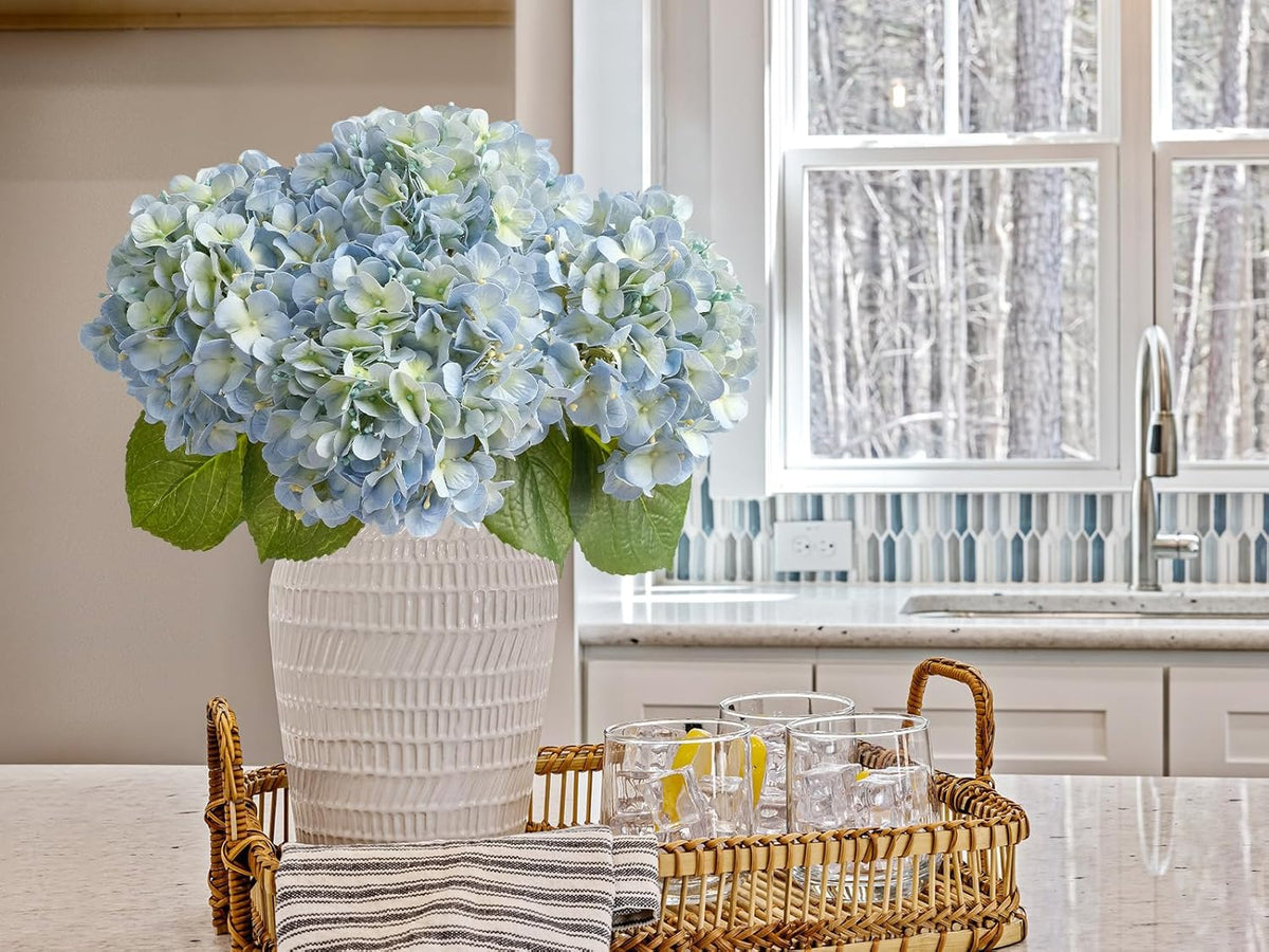 20" 4PCS Artificial Light Blue Hydrangea Flowers Large Faux Latex Real Touch Fake Hydrangeas Silk Bouquet with Leaves Stems for Family Table Office Wedding Party Arrangements