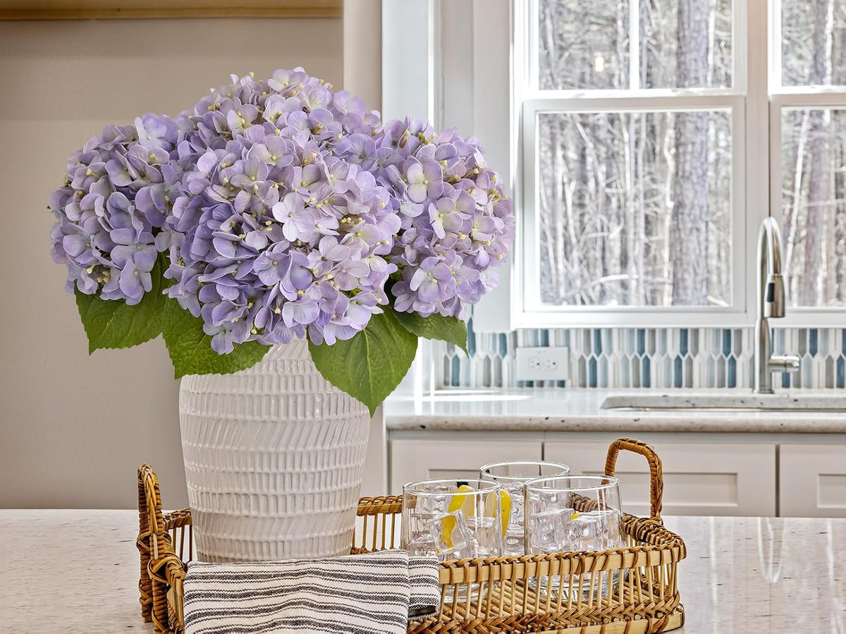20" 4PCS Artificial Light Blue Hydrangea Flowers Large Faux Latex Real Touch Fake Hydrangeas Silk Bouquet with Leaves Stems for Family Table Office Wedding Party Arrangements